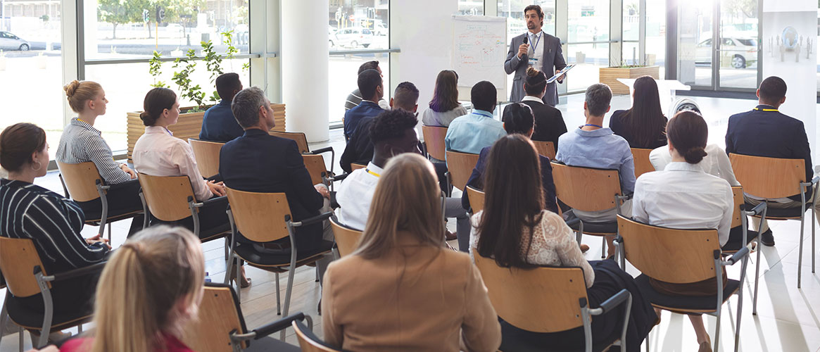 Employees gathered for discussion and training on workplace violence prevention
